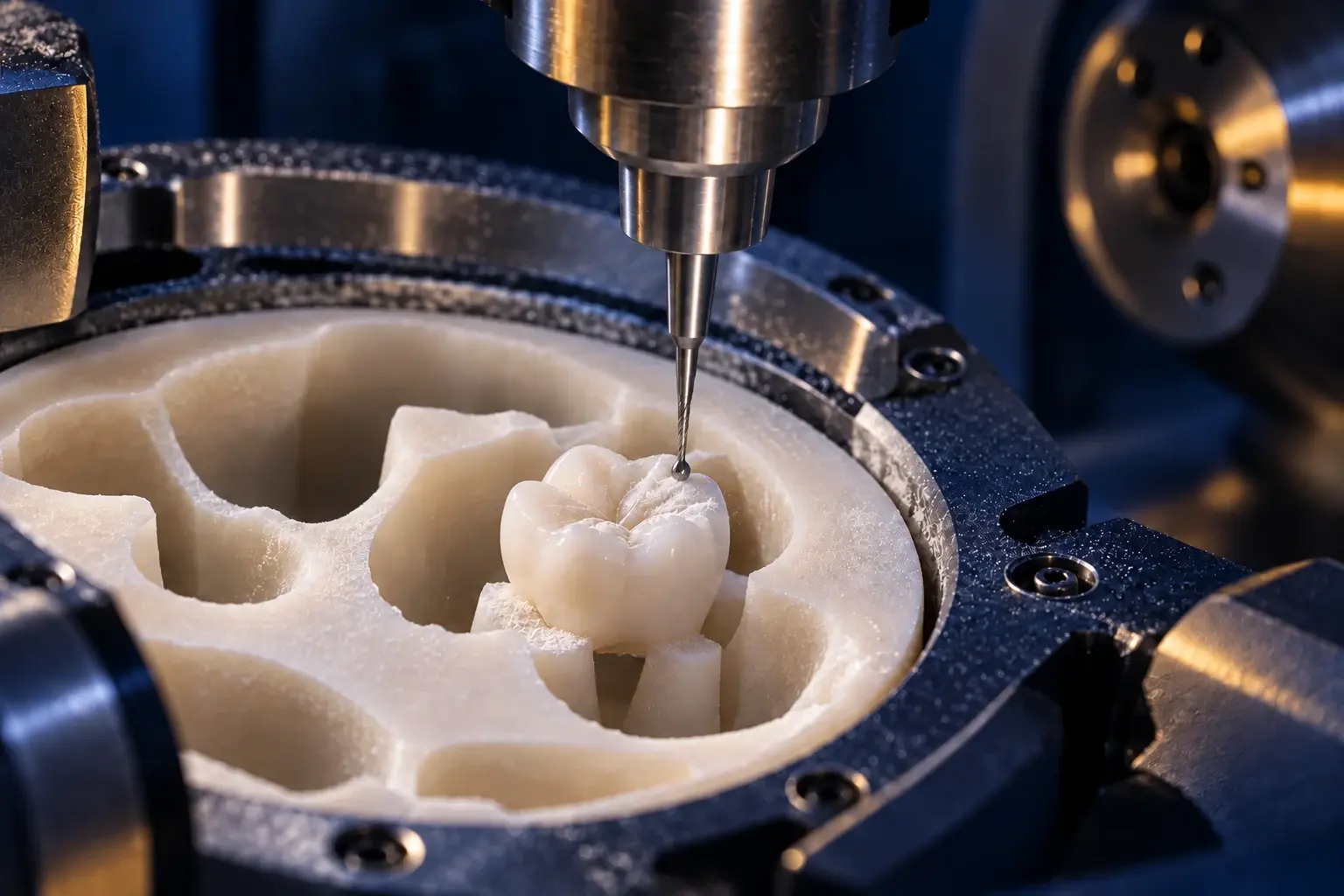 KI-Visualisierung einer CNC-Fräsmaschine bei der Bearbeitung einer Zahnkrone